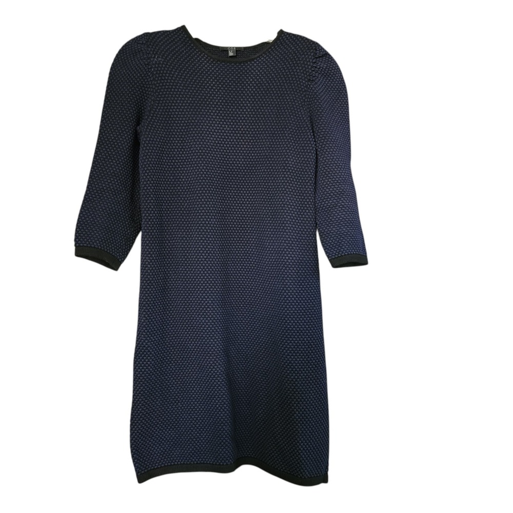 COS Textured Waffle Knit Cotton Sweater Dress Puff Sleeve XS Navy Blue Black